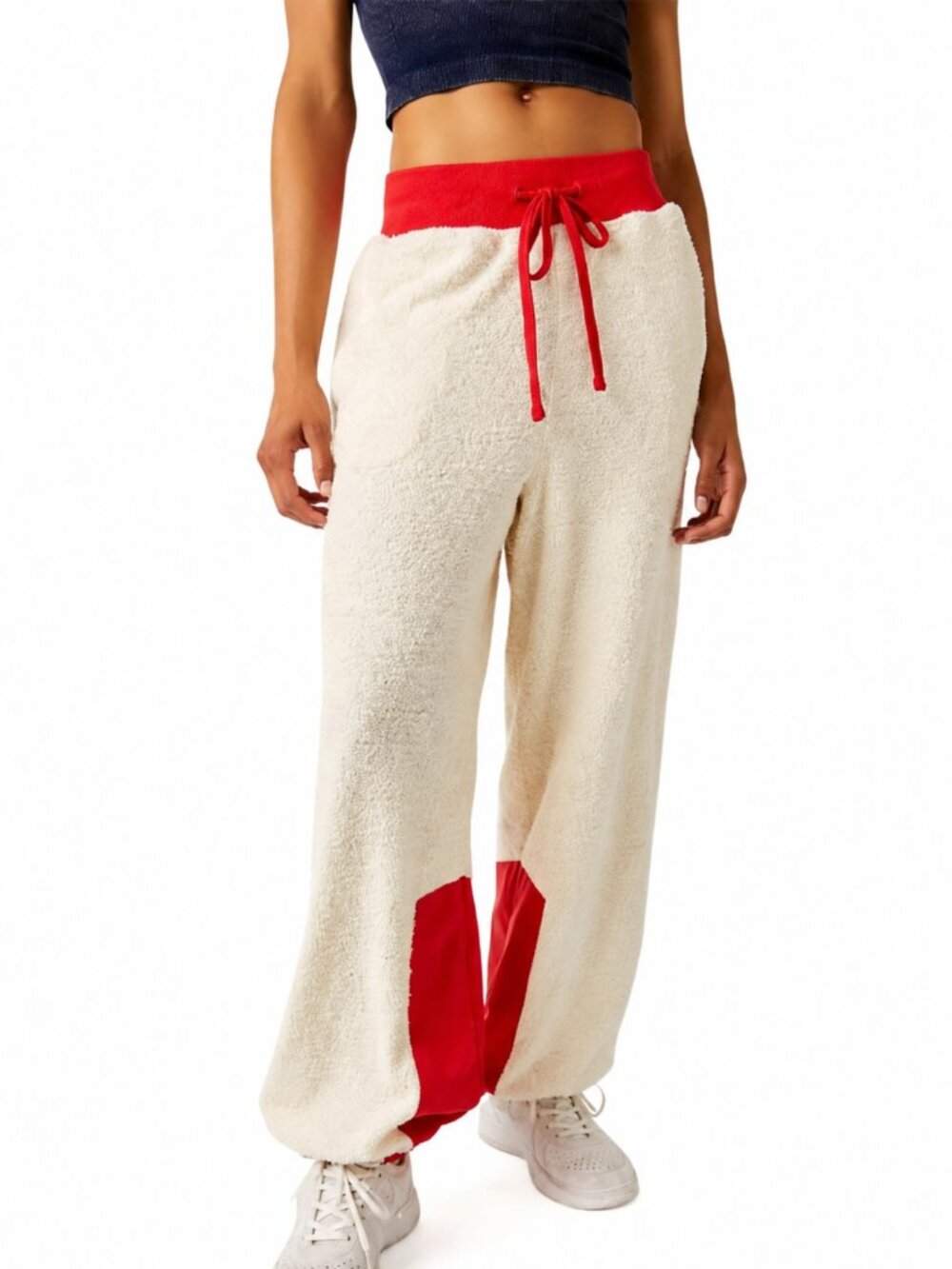Free People FP Movement Cuddle Up Sherpa Jogger Pants L NWT Ivory Pink Red Cozy